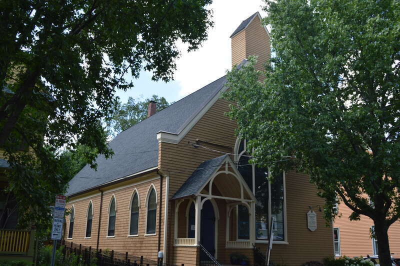 Front of First Reformed Presbyterian Church, located at 53 Antrim Street in Cambridge, Massachusetts, United States.  It was built in 1897.