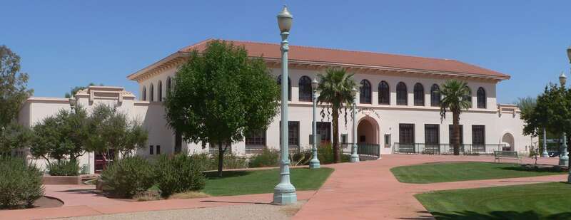Casa Grande, Arizona city hall; formerly Casa Grande Union High School, or "Old Main".  View is from the southwest.
