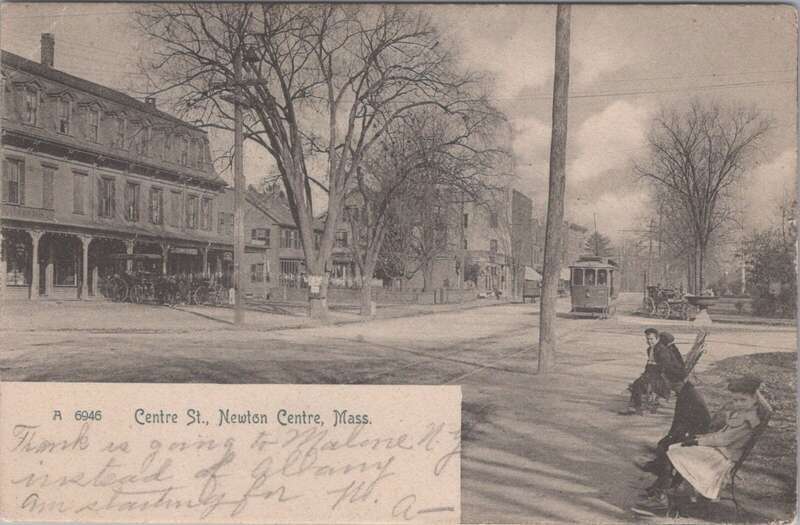 Undivided back postcard of Centre Street in Newton Centre, Massachusetts, postmarked 1906, with a Newton Street Railway streetcar visible