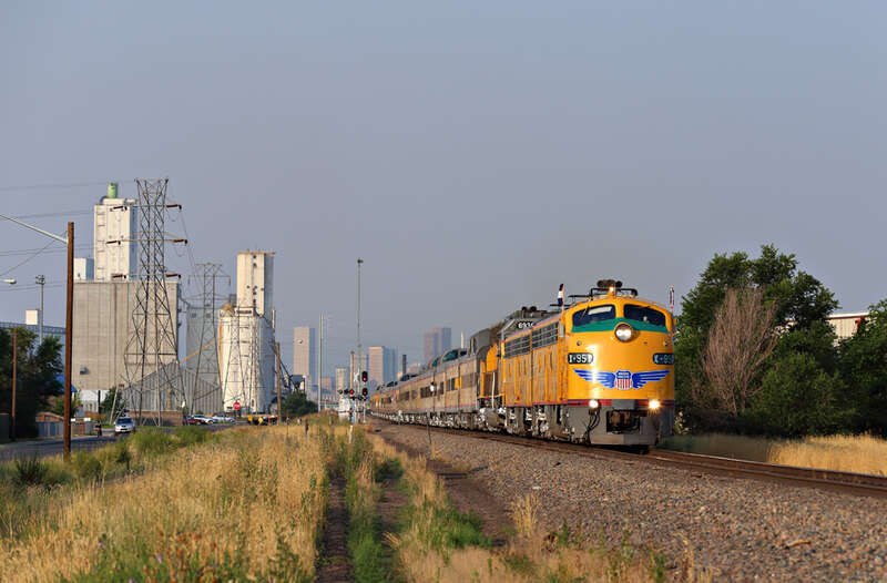 The Denver Post's 23rd Annual Cheyenne Frontier Days Train operated on Union Pacific's Greeley Sub to Cheyenne from Denver on 7/19/2014.  UP E9s 951, 963B, and 949 were to sub for the usual Northern 844, but when 949 came up with wheel problems,
