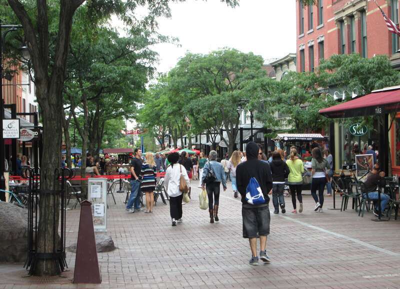 The Church Street Marketplace looking south from Bank Street in Burlington, Vermont