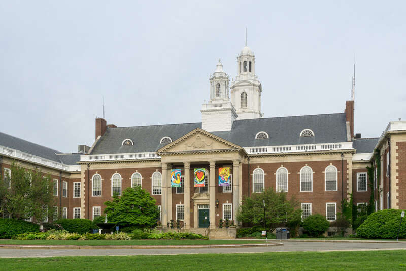 Newton City Hall in Massachusetts, closer view. 1000 Commonwealth Avenue, Newton Centre.