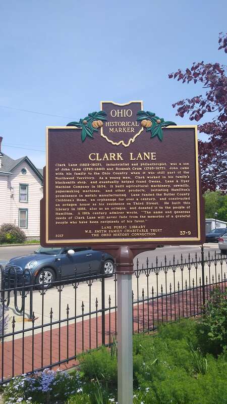 Ohio Historical Marker 37-9, describing the life of noted local businessman Clark Lane and his philanthropy work.
