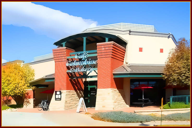 "Columbine Cafe". image appears to be a computer generated conceptual art for a now closed cafe at an existing building with similar facade, at west drake road and worthington avenue, fort collins.