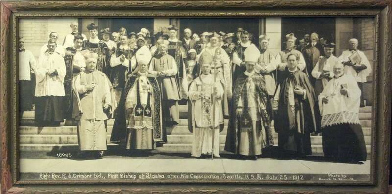 The Reverent Crimont and fellow priests after his consecration as the first Bishop of Alaska, taken July 1917 by Frank Nowell. Outside the main (west) doors of St. James Cathedral, Seattle, Washington, U.S. Crimont would have been bishop of the