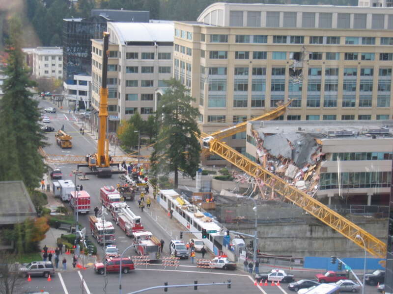 View from an office window the day after a crane fell in downtown Bellevue, WA. See HistoryLink for an overview of this accident: "Collapse of a 210-foot construction crane in Bellevue kills one person on November 16, 2006."