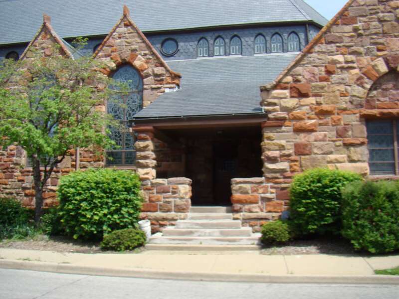 St. John's Episcopal Church, 130 West Eldorado Street at North Church Street, Decatur, Illinois: east stairs on south (Eldorado Street) side of church
