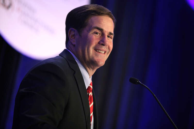 Governor Doug Ducey speaking at the Arizona Chamber of Commerce &amp; Industry's Leadership Series luncheon with U.S. Senator Marco Rubio of Florida in Phoenix, Arizona.

Please attribute to Gage Skidmore if used elsewhere.