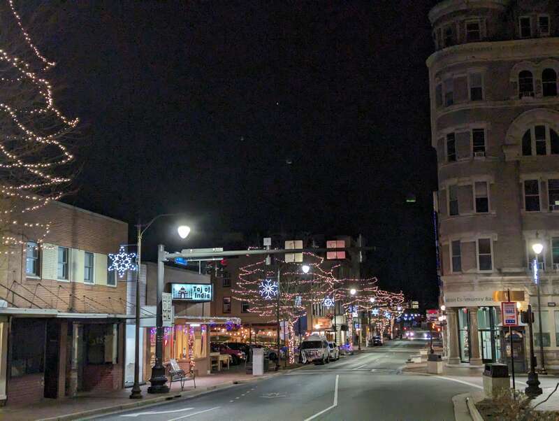 Downtown Harrisonburg, VA, looking along S. Main Street, during a winter night