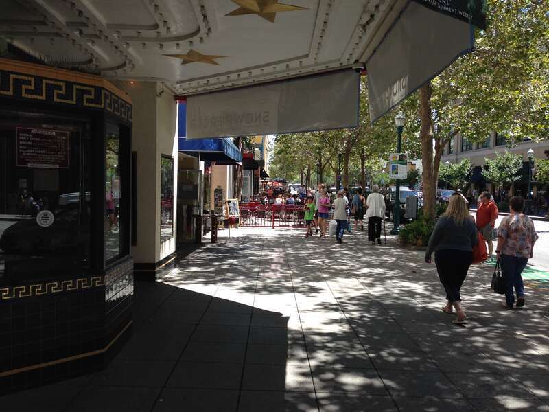 Looking south on Pacific Avenue, Santa Cruz, California, from the Del Mar Theatre at 1124 Pacific.