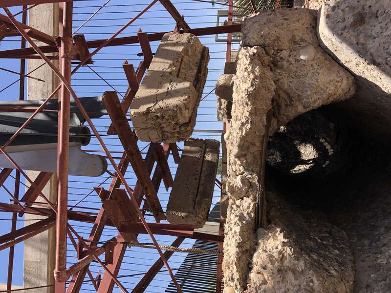 Photo of original launch tower of Dr. Goddard’s rockets, located outside the Roswell NM History Museum.  Blast deflector located under rocket engine.
