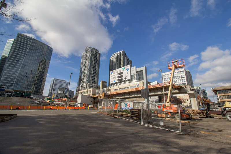 Looking at the site of the future Bellevue Downtown Station; between Bellevue City Hall and the Meydenbauer Center.  Bellevue Transit Center is barely visible on the right side.