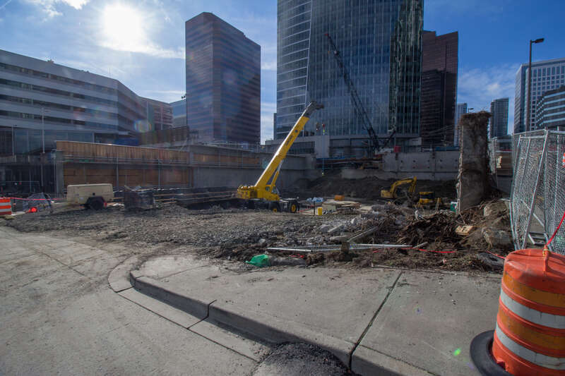 Looking at the site of the future Bellevue Downtown Station with Bellevue City Hall beyond.