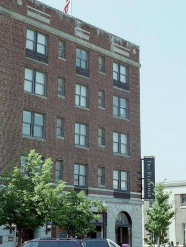 The Eldridge Hotel in Lawrence Kansas as seen from Massachusetts Street looking north (July 2008). Oldest hotel in Lawrence, built by the New England Emigrant Aid Company and twice destroyed by pro-slavery militias