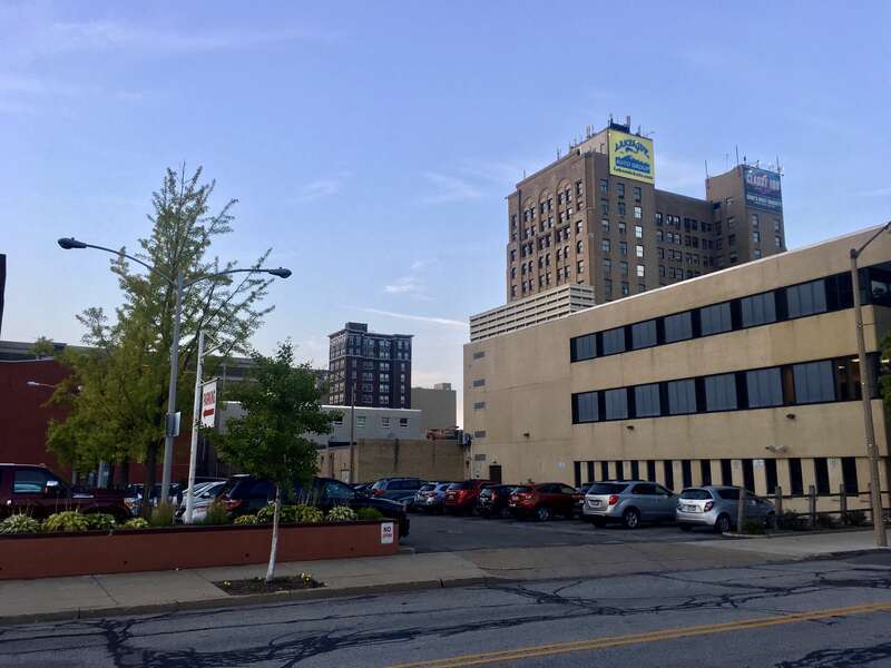 A view from West 11th Street onto the high-rise buildings of State Street in downtown Erie, Pennsylvania: the Palace Centre at left, the Erie Trust Company Building (aka Renaissance Centre) at right.
