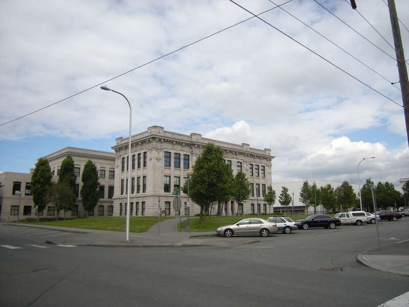 A more-or-less rear view of Everett High School, 2400 Colby Avenue, Everett, Washington. The building is on the National Register of Historic Places.