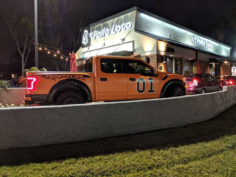 Extra Brodozer points for using the number of the General Lee on this Raptor at El Pollo Loco, Costa Mesa