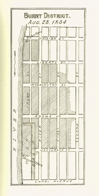 Engraving of the area of fire damage in Troy, New York, United States on August 25, 1854