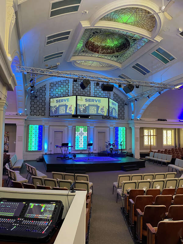 The sanctuary of Cornerstone Church - Heritage Hill Campus, built as First Church of Christ Scientist, in Grand Rapids, Michigan.