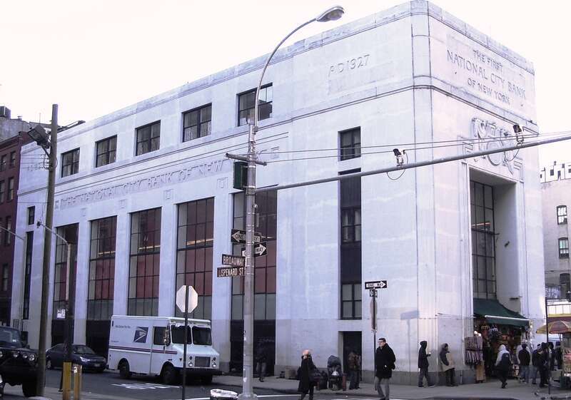 The First National City Bank building at 415-417 Broadway at the corners of Lispenard (65-69) and Canal Streets (296) in the Tribeca neighborhood of Manhattan, New York City, was built in 1927 in the Moderne style, and was designed by Walker &amp;