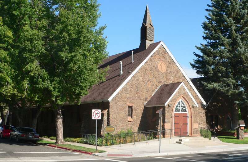 First Baptist Church building, located at 123 S. Beaver Street in Flagstaff, Arizona; now occupied by Flagstaff Christian Fellowship.  View is from the southeast.