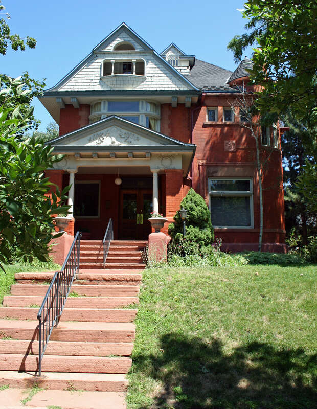 JOHN S. FLOWER HOUSE
1618 Ogden St.
National Register 9/4/1980, 5DV.156
"This 1891 residence, designed by Robert G. Balcomb and Eugene Rice, was built for Denver real estate developer John S. Flower. Constructed of pressed red brick with extensive