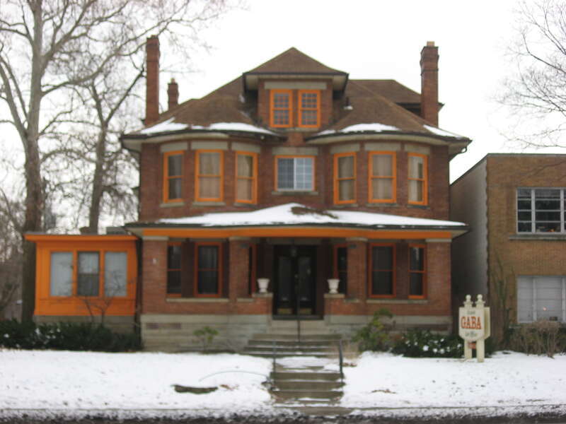Front of the Johnson-Campbell House, located at 1231 E. Broad Street (U.S. Route 40) in Columbus, Ohio, United States.  Built in 1900 and since converted into law offices, it is listed on the National Register of Historic Places, and it is a part of