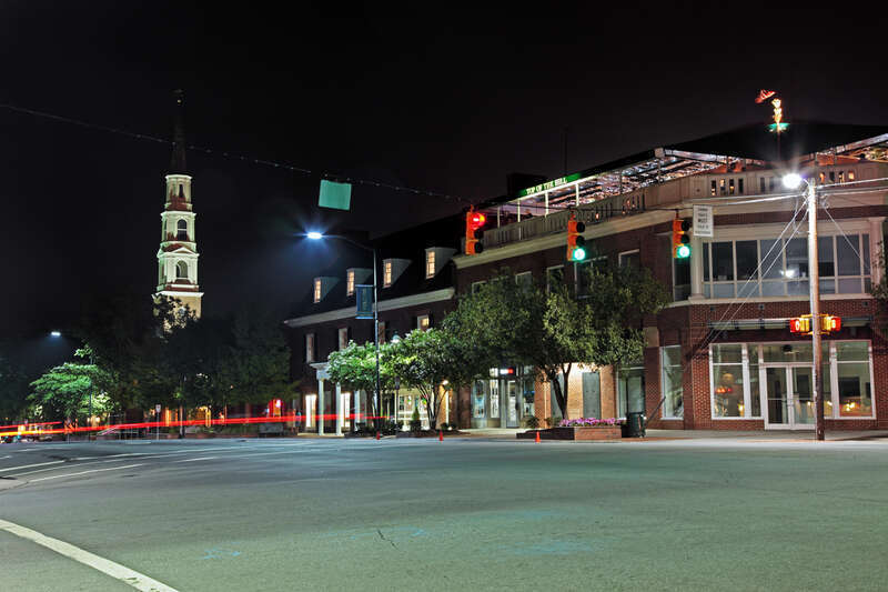 Intersection of Franklin Street and Columbia Street in Chapel Hill, NC. University United Methodist Church is visible on the left.