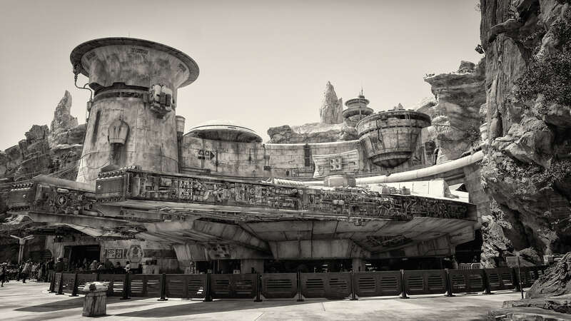 Black and white photograph of the Millennium Falcon at Star Wars: Galaxy's Edge at Disneyland.