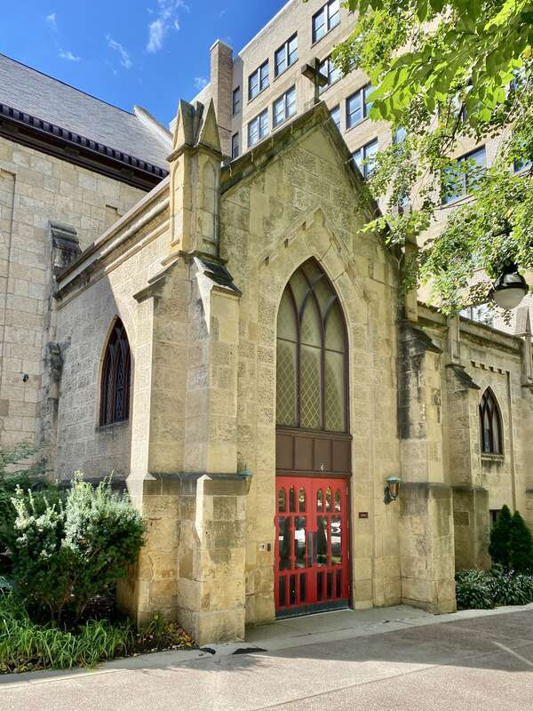 Built in 1855-1858, this Gothic Revival-style church was designed by James Douglas for the congregation of Grace Episcopal Church, the oldest congregation in Madison.  The building is the oldest remaining structure fronting Capitol Square, though