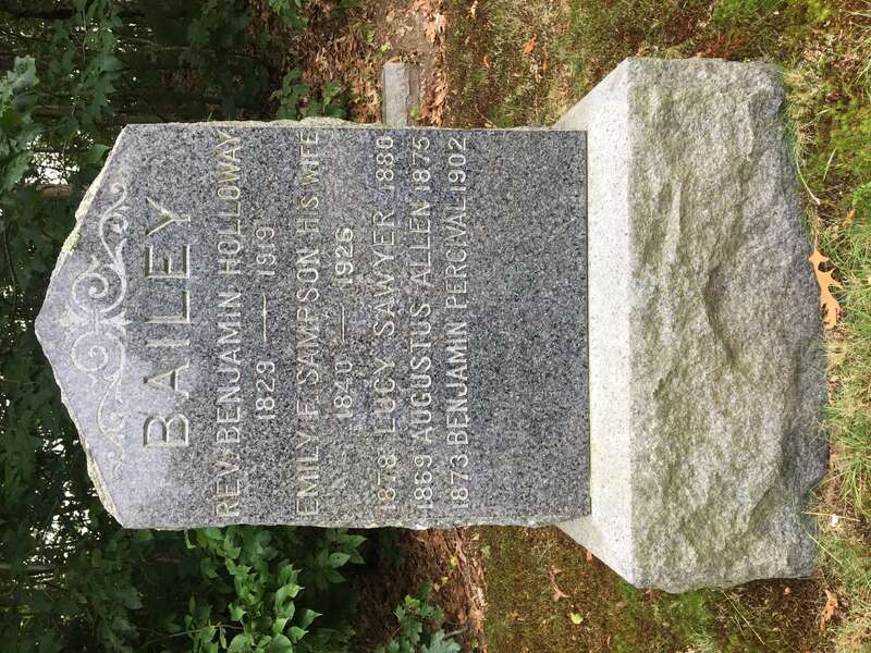 The gravestone of Rev. Benjamin H. Bailey at Brookdale Cemetery in Dedham, Massachusetts