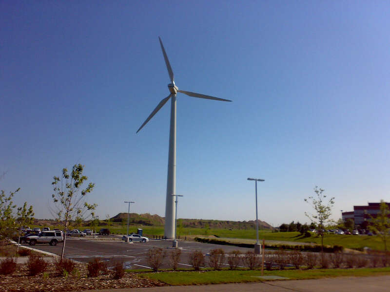 160-foot tall, 200 kilowatt NEG Micon M700 wind turbine at the Great River Energy headquarters near Maple Grove, Minnesota. The wind turbine is visible from Interstate 94.