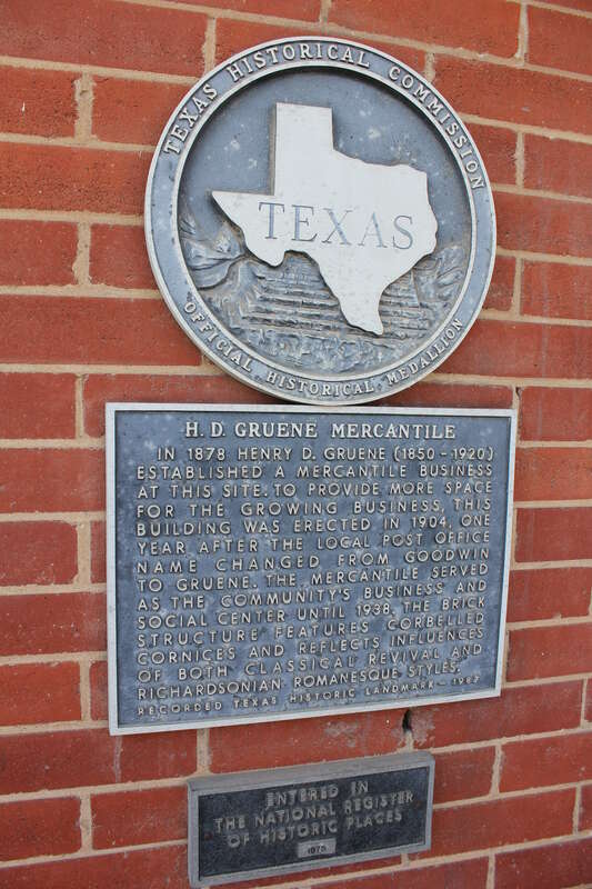 In 1878 Henry D. Gruene (1850-1920) established a mercantile business at this site. To provide more space for the growing business, this building was erected in 1904, one year after the local post office name changed from Goodwin to Gruene. The
