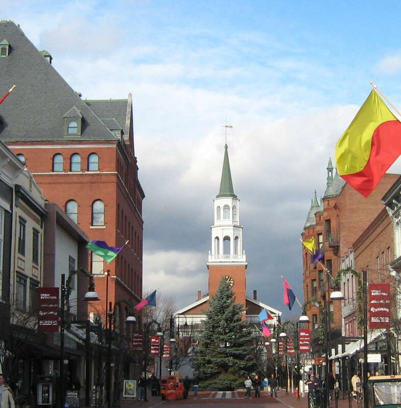 Head of Church STreet Historic District, Burlington, Vermont. (L-R) the massive Masonic Temple, Unitarian-Universalist Church (behind Crhristmas Tree), Richardson Building (with turrets)