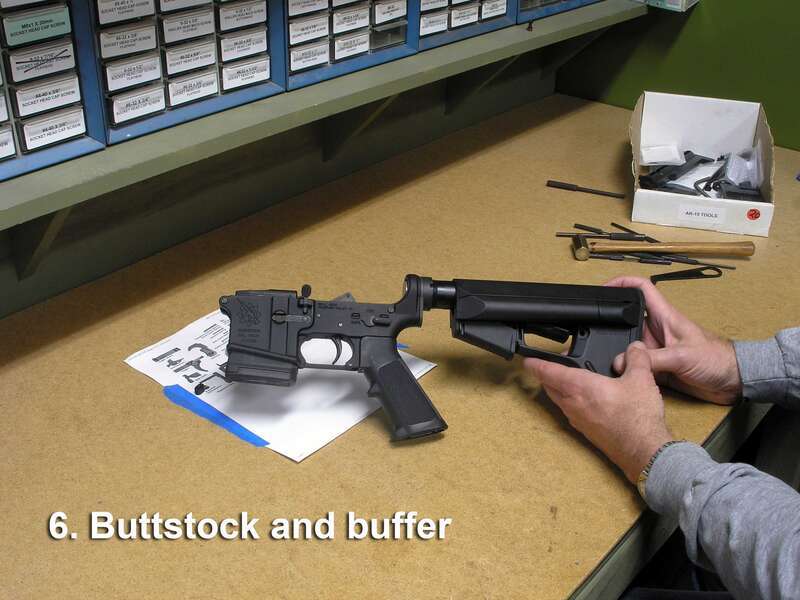 The receiver extension (also know as the buffer tube) is screwed onto the back of the receiver until its lower front lip holds down the buffer retainer.  Then the buffer assembly is installed.
The stock end plate secures the rear takedown pin detent