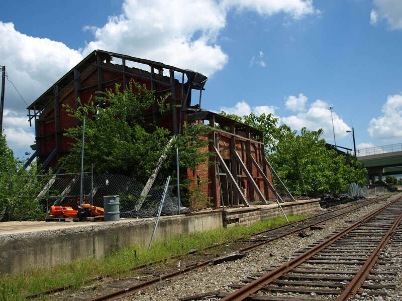 The old Memphis &amp; Charleston Freight Depot at the Huntsville Depot in Huntsville, Alabama, listed on the Alabama Register of Landmarks and Heritage.