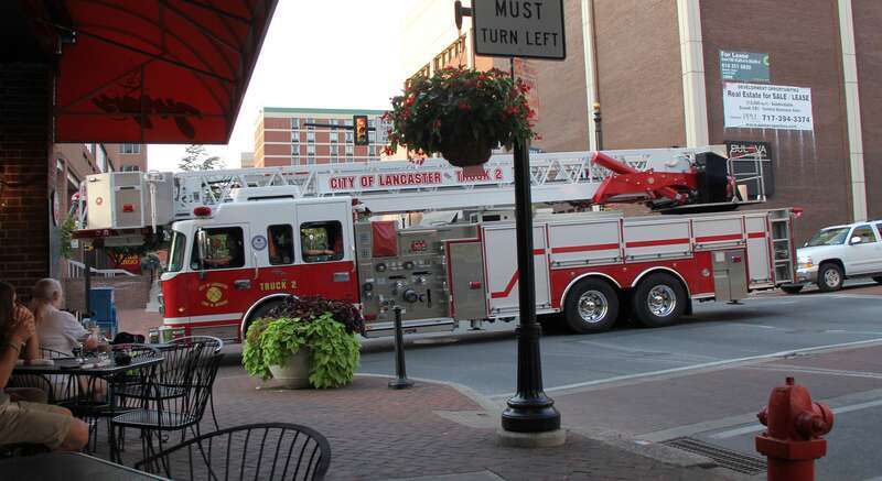 Lancaster City Bureau of Fire vehicle traveling on West Orange Street in Lancaster, Pennsylvania.