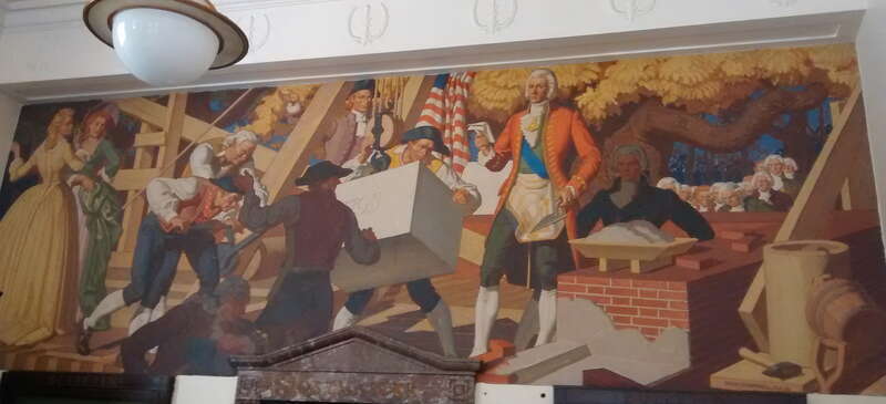 The mural Laying the Cornerstone of Old East by Dean Cornwell, inside the Chapel Hill Post Office. One of the murals of Chapel Hill.