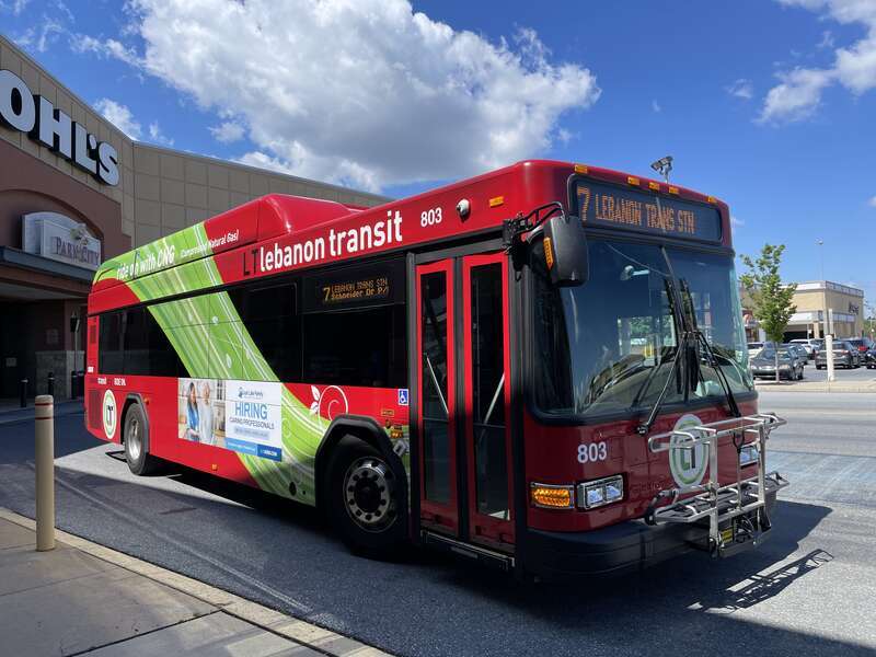 Lebanon Transit (LT) Gillig Low Floor bus #803 on the Route 7 line at the Park City Center shopping mall in Lancaster, Pennsylvania