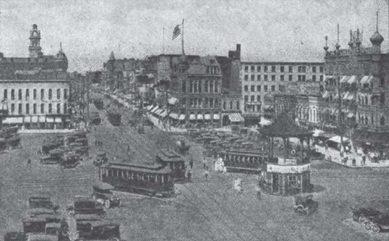 Public Square in downtown Lima, Ohio, United States, apparently seen from the square's southeastern corner.  Date is unknown, but cannot be after 1921.