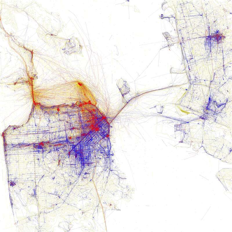 Blue pictures are by locals.  Red pictures are by tourists.  Yellow pictures might be by either.

Base map © OpenStreetMap, CC-BY-SA