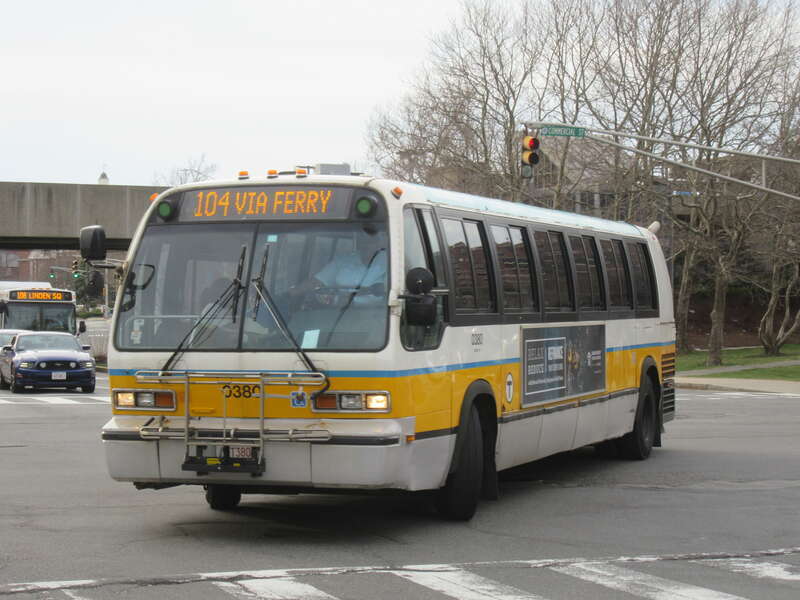 MBTA route 104 bus outside Malden Center station in April 2017