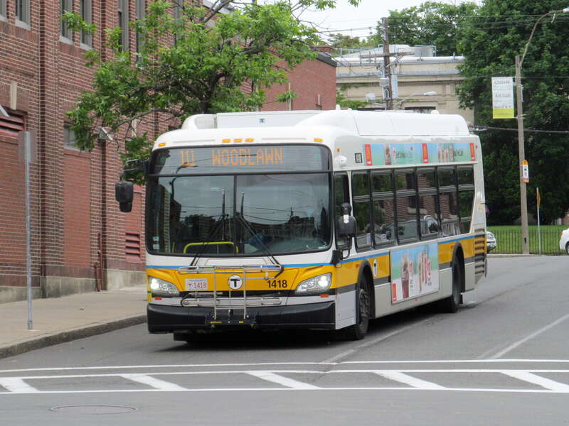 MBTA route 111 bus on Fay Square in Chelsea in June 2017
