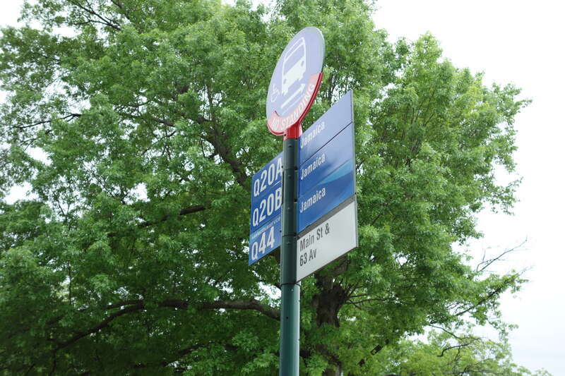 The Q20/Q44 bus stop on the west side of Main Street south of 63rd Avenue / Reeves Avenue in Queensboro Hill / Kew Gardens Hills, Flushing, Queens.