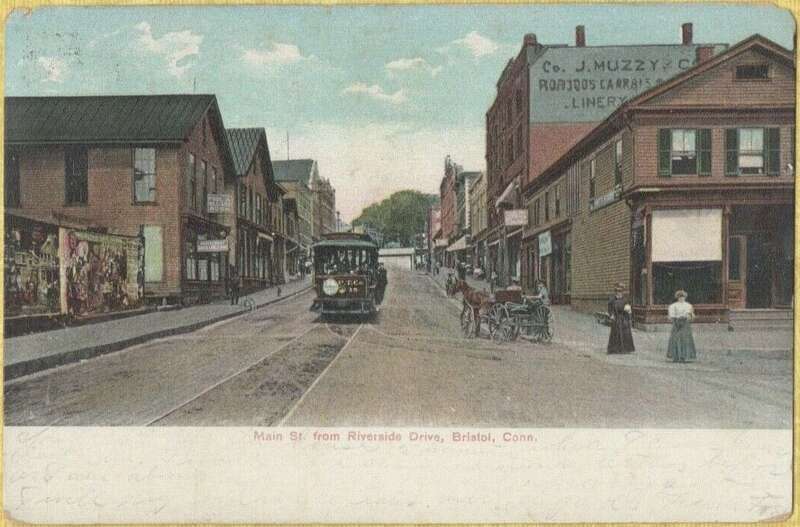 Undivided back postcard of Main Street at Riverside Street in Bristol, with a Bristol and Plainville Tramway streetcar