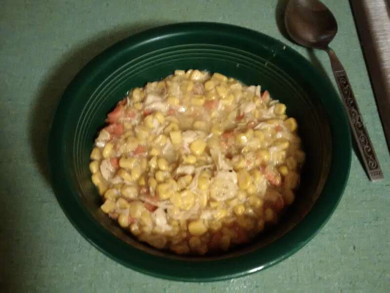 diced chicken, creamed and regular corn, diced carrots, ground cumin, cornstarch as a thickener if necessary, other spices to taste. Simmer until done. Serve with crackers.