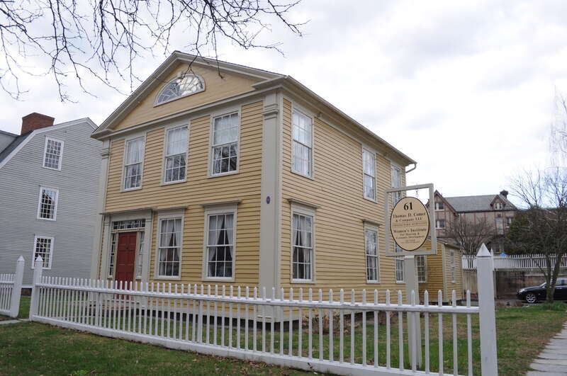 Rev. John Cookson House, 61 Main Street, Middletown, Connecticut, USA. Built in 1837, the house was moved to this location in the 1970s and rehabilitated. A contributing property of the Metro South Historic District, which is on the National Register