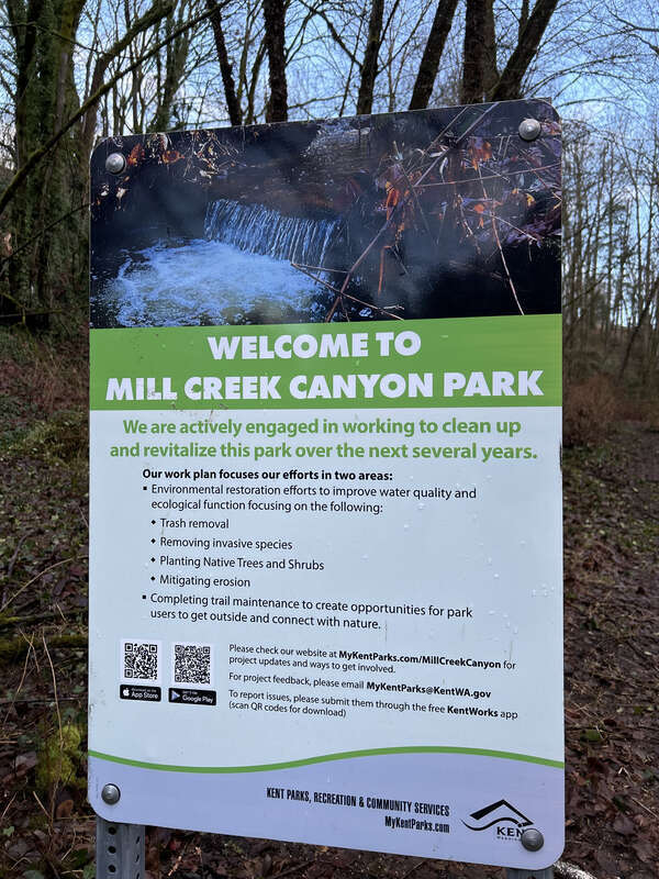 Sign at the Mill Creek Canyon Earthworks, a public park in Kent, Washington.