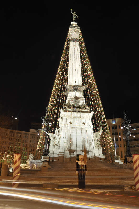 The Soldiers' and Sailors' Monument in Indianapolis, called the Tallest Christmas Tree. They turn the lights after Thanksgiving.