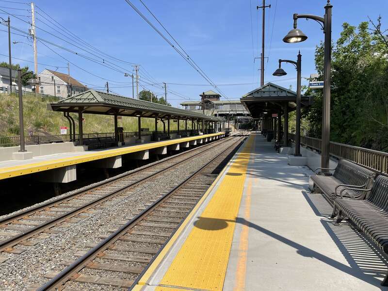 The Mount Joy station on Amtrak’s Keystone Corridor in Mount Joy, Pennsylvania viewed from the eastbound platform